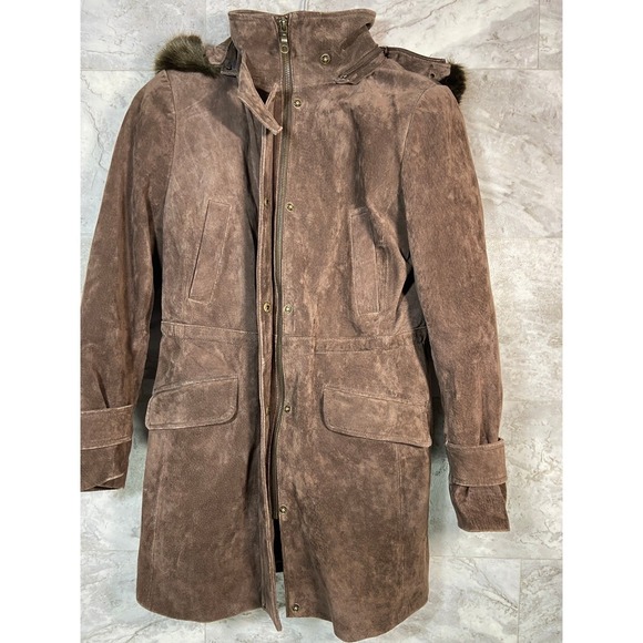 BGSD Womens Brown Suede Parka Jacket Fur Trim Hood Quilted Lined Coat M - Picture 4 of 16